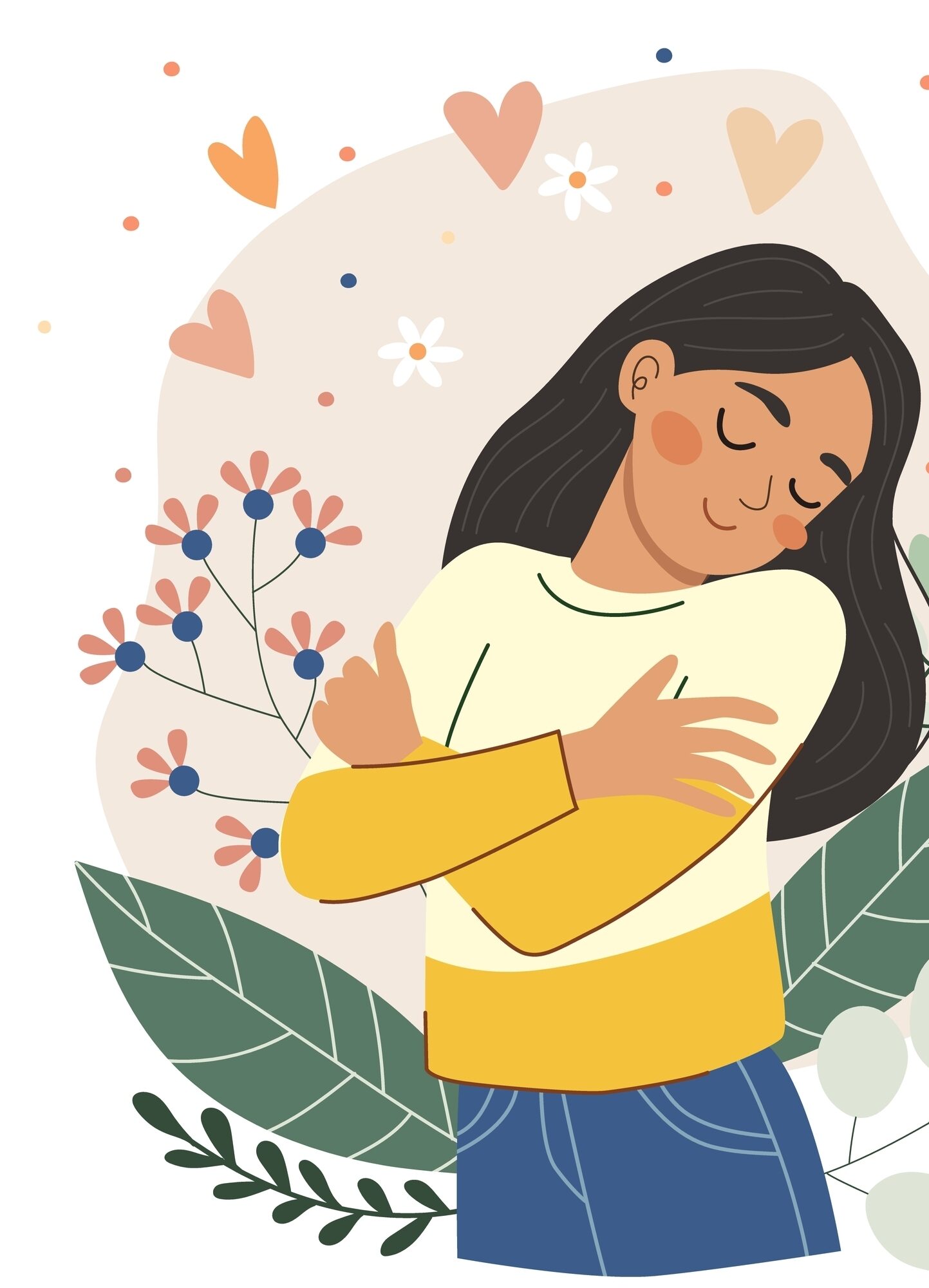 Teenage,Girl,Hugging,Herself,With,Closed,Eyes,Surrounded,By,Flowers