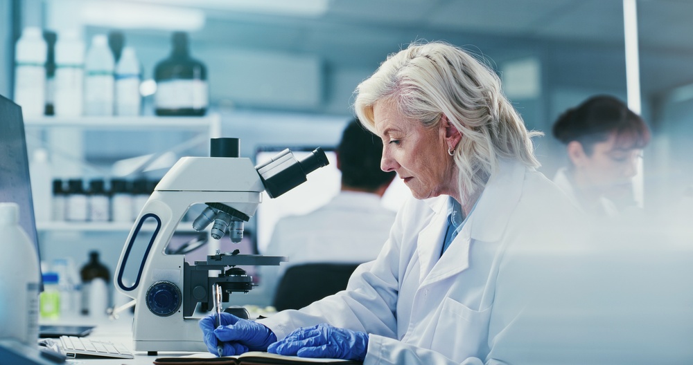 Scientist,,Woman,And,Writing,In,Lab,With,Notebook,,Experiment,Results
